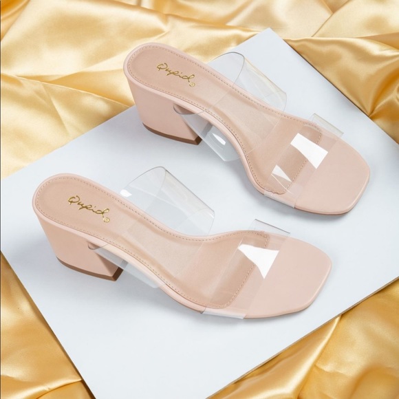 Shoes - Tan clear band heels sandals slip on square toe events formal party mule